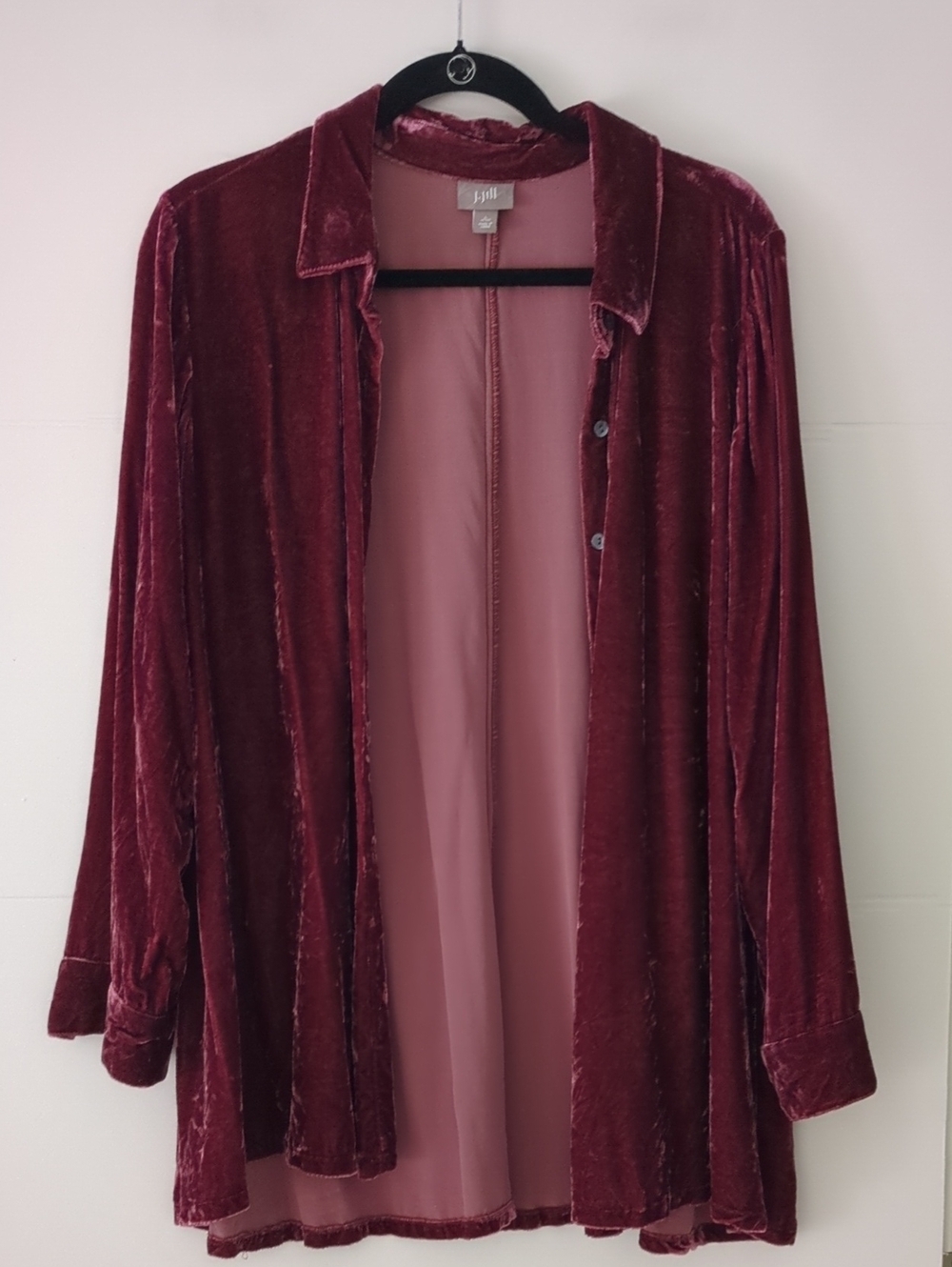 J.jill Crushed Soft Velvet Deep Wine Burgundy Button Down Shirt Sz L Boho Chic